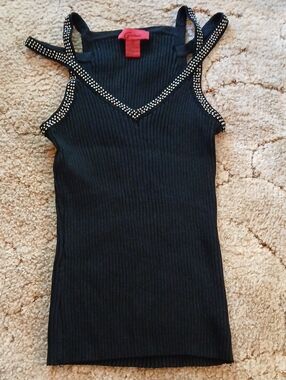 Carina Black Ribbed Tank with Rhinestone-Trim Straps